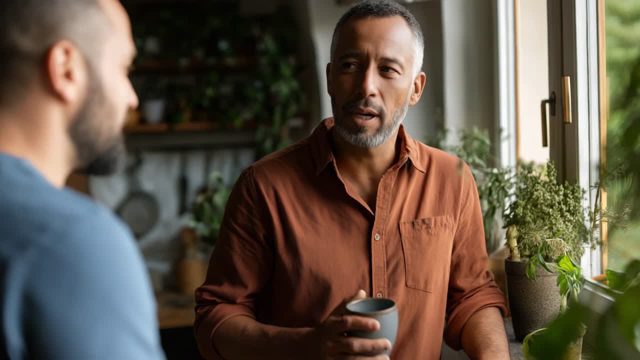 Men having a conversation in the kitchen