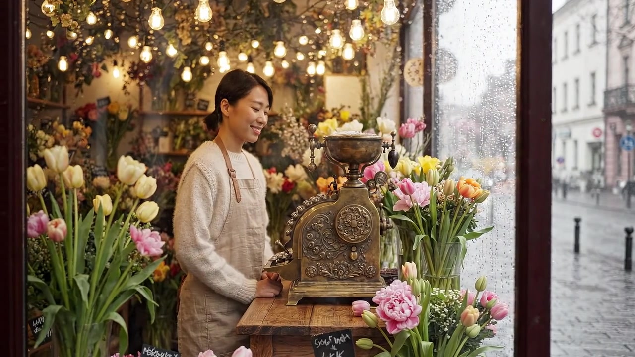 都会のどんよりとした雨の日に、ヴィンテージの秤と咲き誇る花々が並ぶ魅力的な花屋が、居心地の良い雰囲気を作り出している。