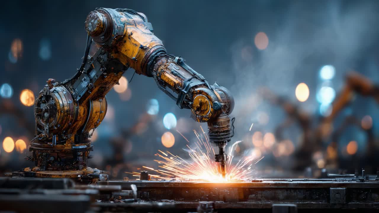 A Robotic Arm Engaging in Precision Welding, Creating Sparks and Smoke in a High-Tech Manufacturing Environment with Glowing Background Lights