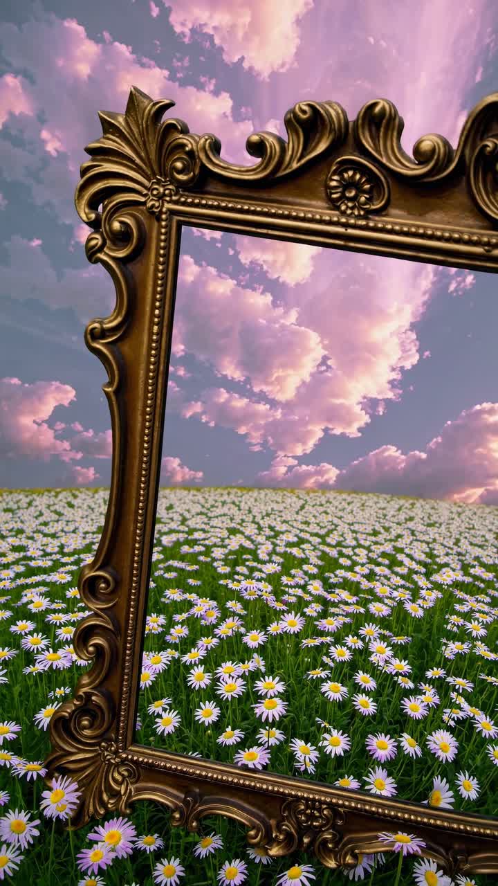 A vintage frame stands in a daisy field under a dramatic sky