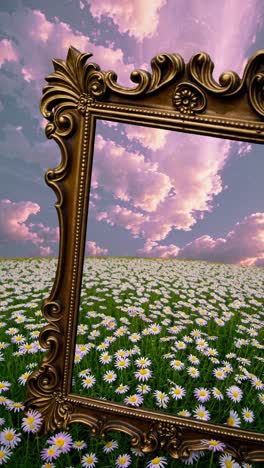 a vintage frame stands in a daisy field under a dramatic sky
