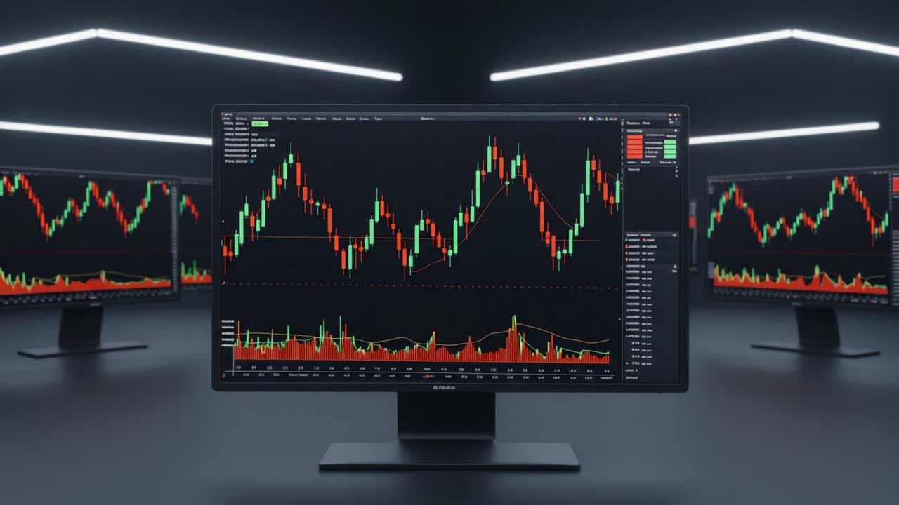 An intricate setup of multiple monitors displaying dynamic trading charts showcasing market activities, trends, and patterns in a modern trading environment