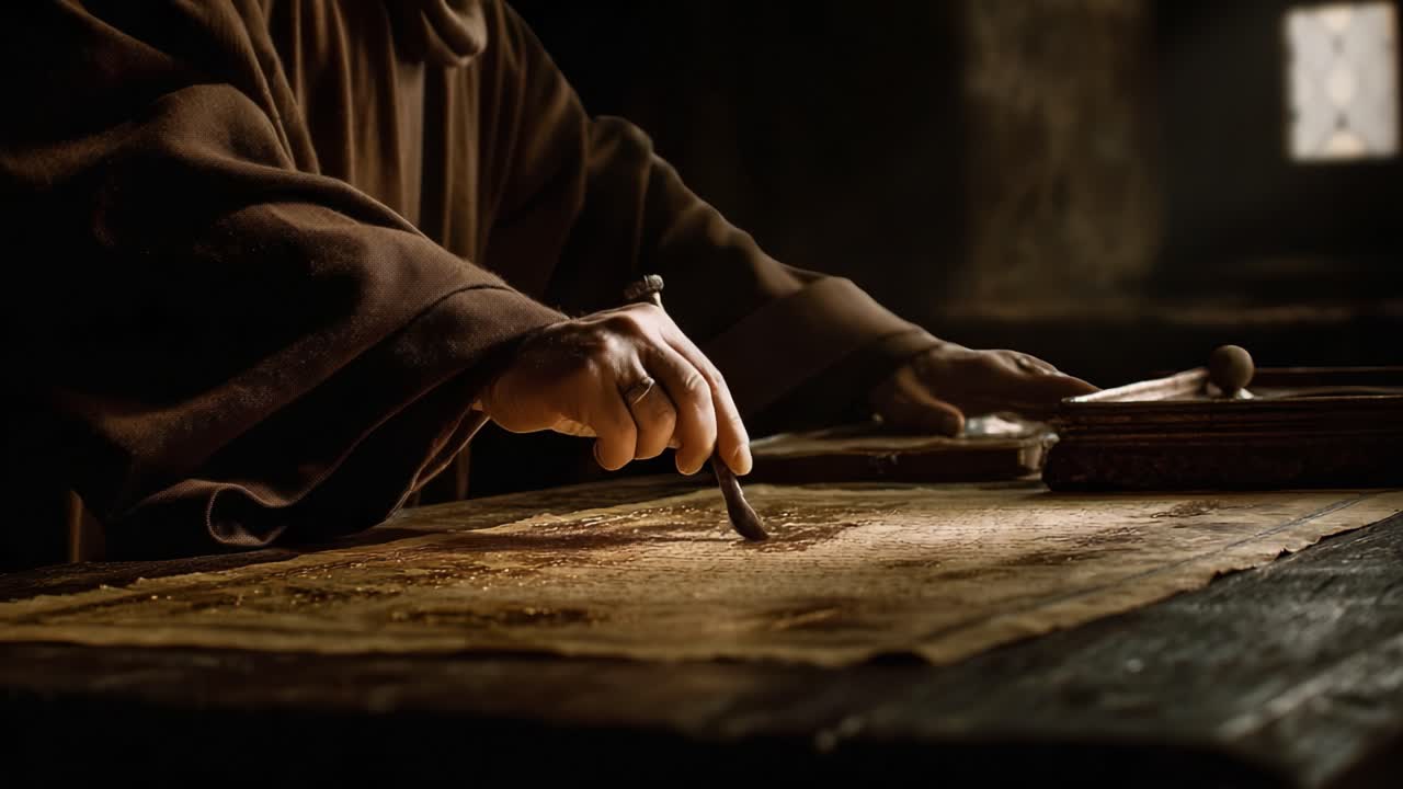 An expert artisan meticulously crafting detailed designs on ancient parchment using a traditional brush, capturing the essence of historical artistry in a warm, illuminated workspace filled with rich textures