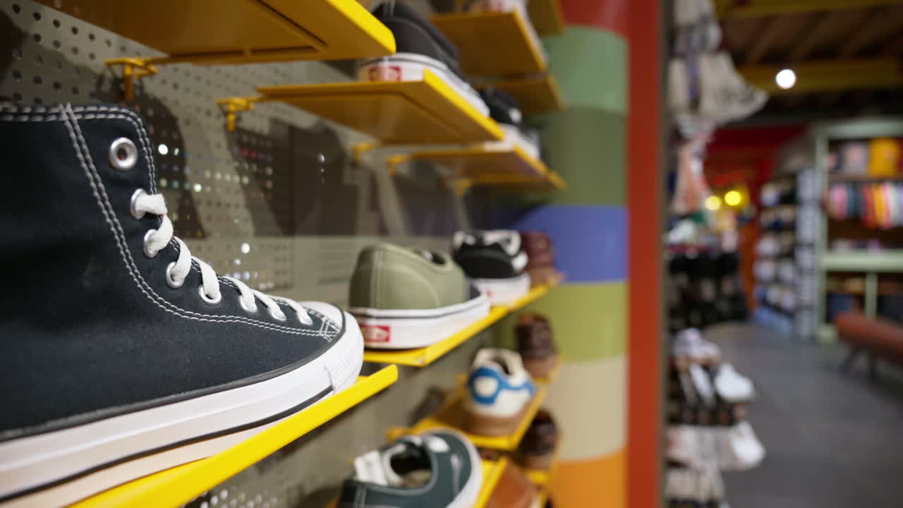 Close up of shoes displayed on shelves at a clothing store