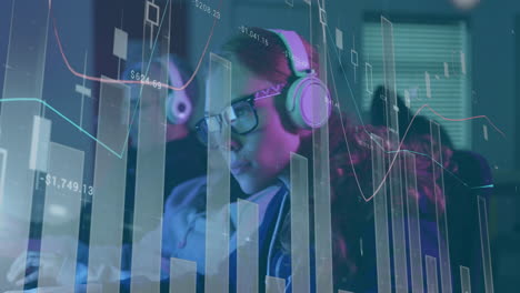 woman wearing headphones analyzing data at trading desk, with animated financial charts floating