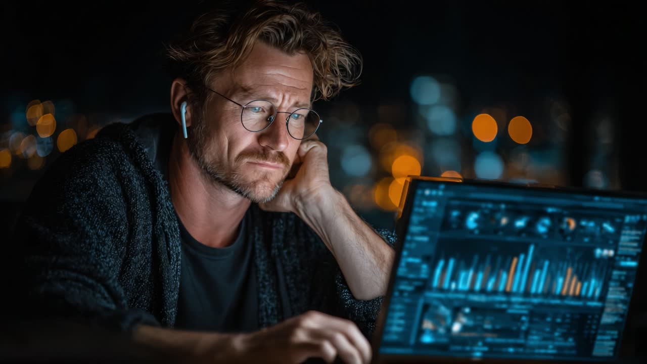 A Focused Individual Analyzing Data on a Laptop in a Dimly Lit Environment with Urban Night Lights in the Background, Expressing Intense Concentration and Thoughtfulness