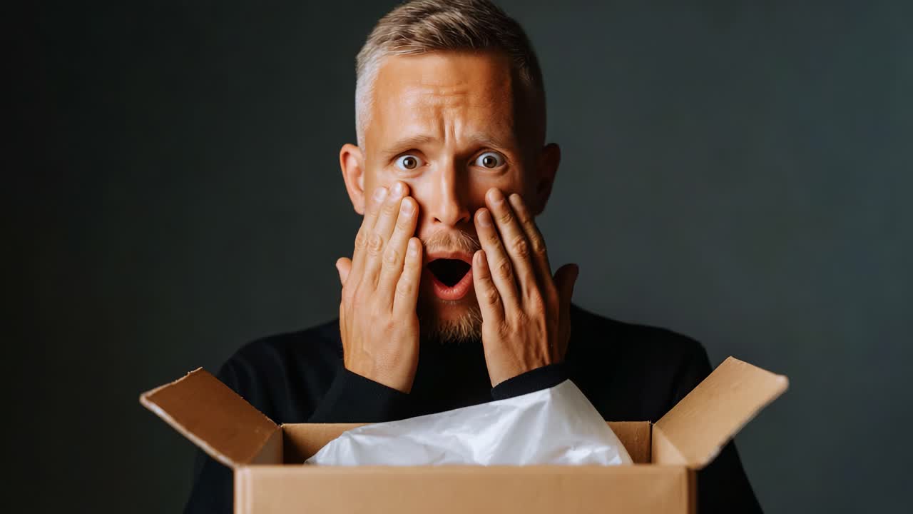 A Surprised Man's Emotional Journey: From Shock to Delight as He Unboxes a Mysterious Package, Capturing His Expressions of Awe and Joy in Two Distinct Frames