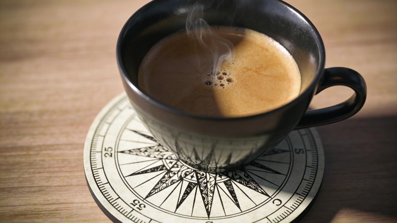 Rilasciando calore, l'espresso forma vapore arricciato sopra una tazza nera su un tavolo di legno, con un sottobicchiere a forma di bussola in vista.