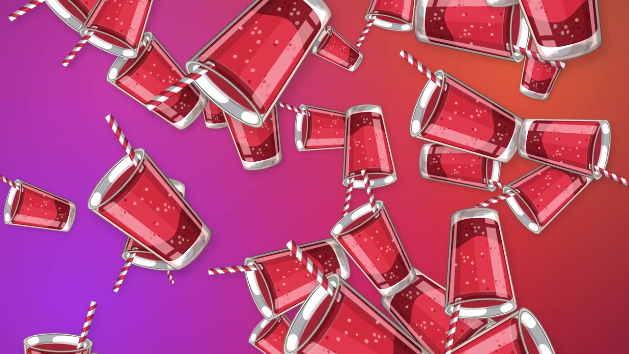 Vasos de refresco rojos animados con pajitas caen continuamente sobre un fondo vibrante de color morado y naranja