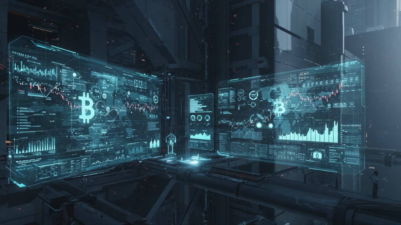 Futuristic Data Visualization Environment Featuring Cryptocurrency Analytics with Bitcoin Graphics, High-Tech Interface and Neon Aesthetics in an Urban Setting