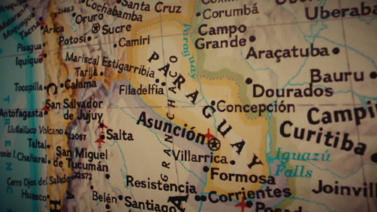 A close-up view of a map highlighting Paraguay and surrounding South American countries.