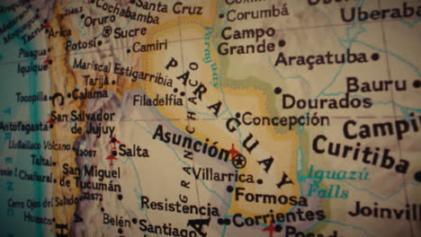 a close-up view of a map highlighting paraguay and surrounding south american countries.