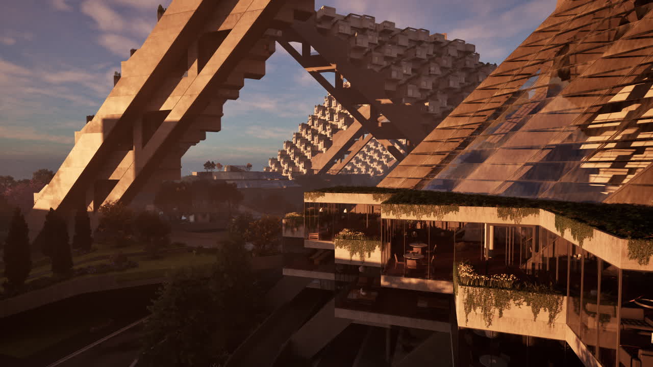 футуристическая архитектура: бетонный городской пейзаж на закате