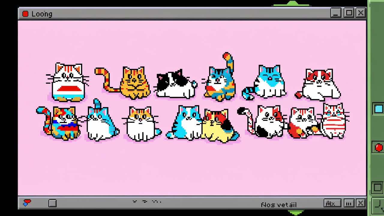 Colorful pixel art cats are playfully arranged in a charming sequence, showcasing their unique expressions and vibrant patterns against a soft pink background