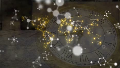 animation of molecules and world map over clock and people walking on street