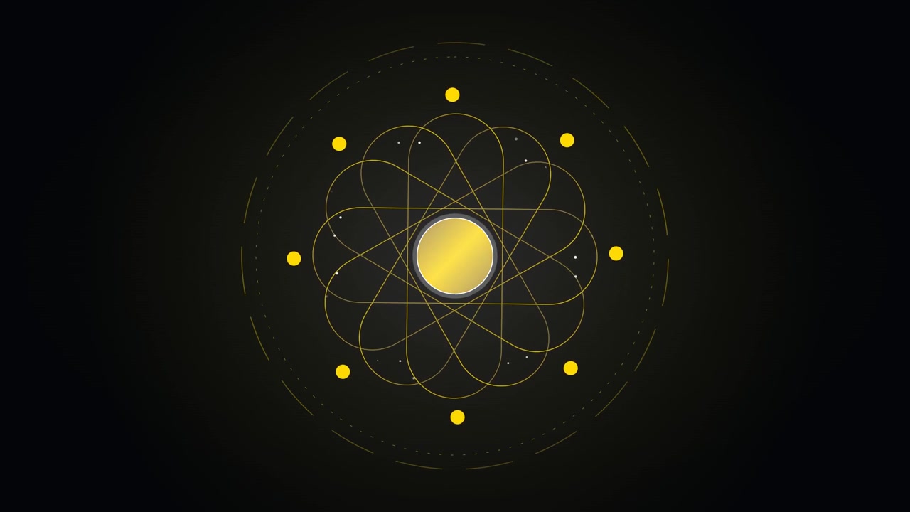 Koyu Arka Plan Üzerinde Dönen Animasyonlu Altın Atom Modeli