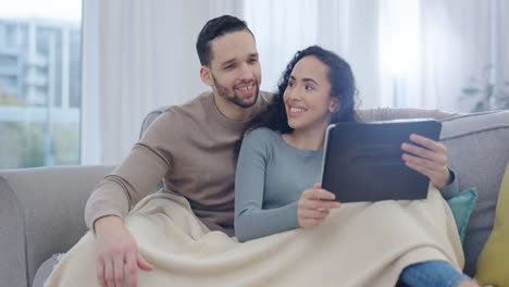 tablet, couple talk and home with tech