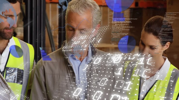 Reviewing documents with digital data animation, business professionals in warehouse