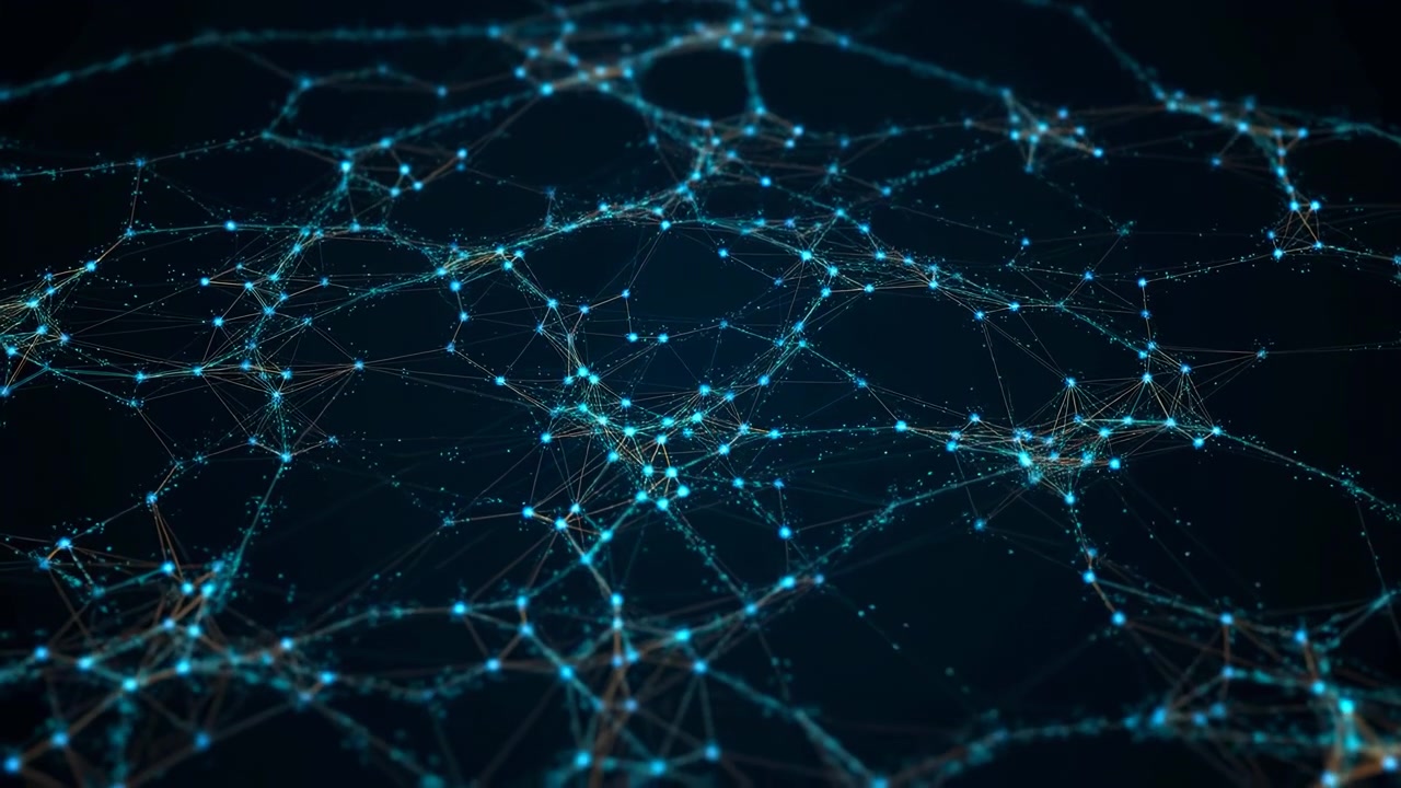 Abstract turquoise nodes and connecting lines spread across a dark background, forming a futuristic digital network with depth, motion, and soft luminous