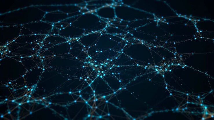 Nodi turchesi astratti e linee di connessione si diffondono su uno sfondo scuro, formando una rete digitale futuristica con profondità, movimento e una morbida luminosità.