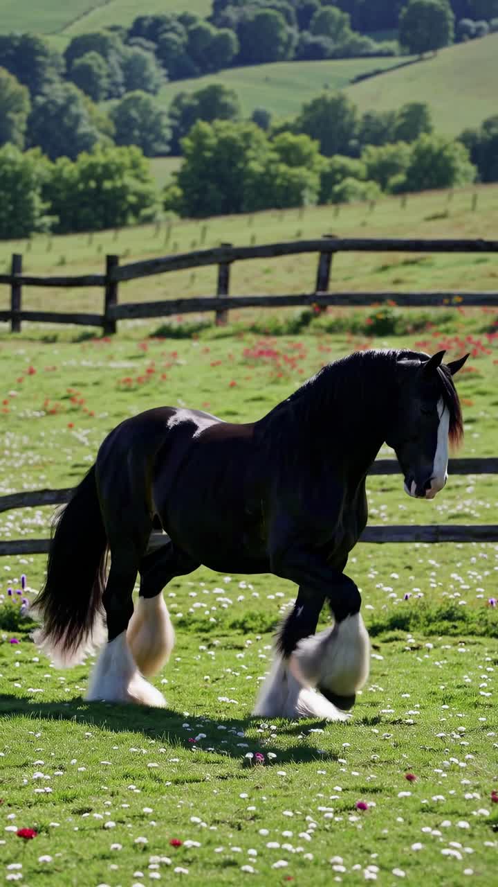 Majestic horse in a lush meadow, captured at eye-level. Vibrant greenery and rustic fence enhance