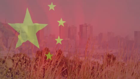 animación de la bandera de china sobre el paisaje urbano