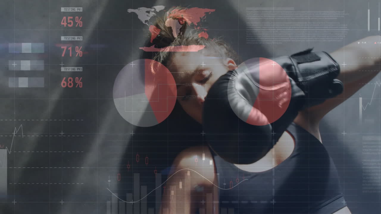 Wearing boxing gloves, woman with animation of data charts and global map