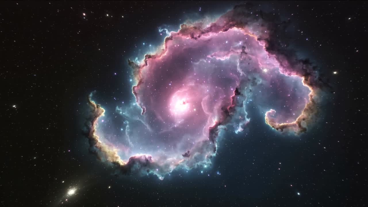 Nebulosa girando e expandindo, com núcleo rosa se iluminando, impulsionada pelo movimento de gás para a ciência