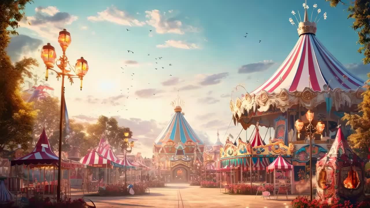 Whimsical carnival scene at sunset, featuring colorful tents and a carousel