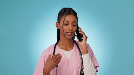 Woman,-doctor-and-phone-call-in-Telehealth
