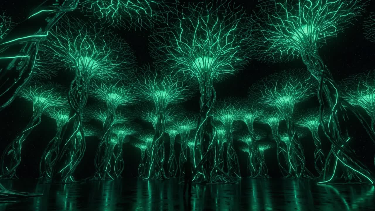 A Futuristic Forest of Radiant Trees Illuminated by Neon Light, Showcasing an Otherworldly Aesthetic and Ethereal Glow in a Dark Environment