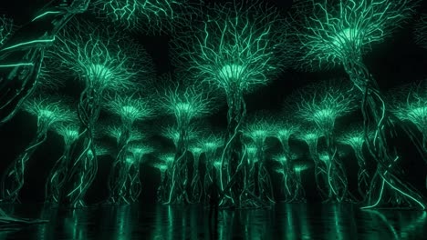 a futuristic forest of radiant trees illuminated by neon light, showcasing an otherworldly aesthetic and ethereal glow in a dark environment