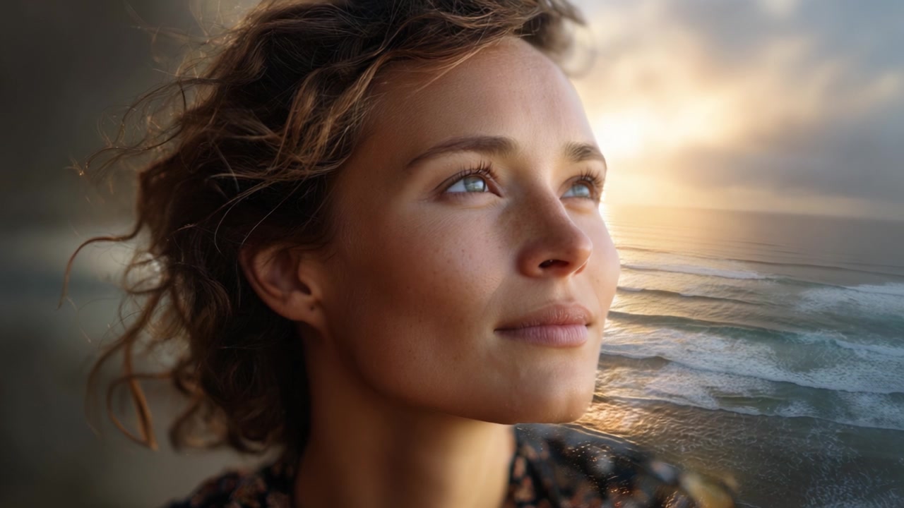 Donna Contemplativa Che Guarda il Tramonto sull'Oceano, Catturando l'Essenza della Serenità e della Riflessione In Mezzo a un Paesaggio Costiero Mozzafiato