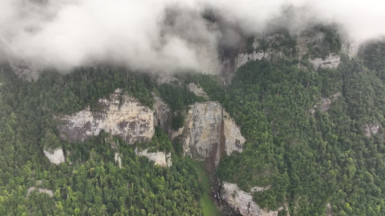 Scenic Waterfall Landscape with Mountains and Forest