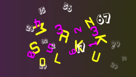 animación digital de múltiples números y alfabetos flotando contra un fondo púrpura