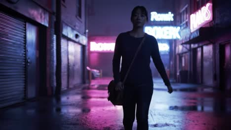 a mysterious night walk through neon streets: a solo figure navigates a rain-slicked alleyway highlighted by vibrant signs and reflections