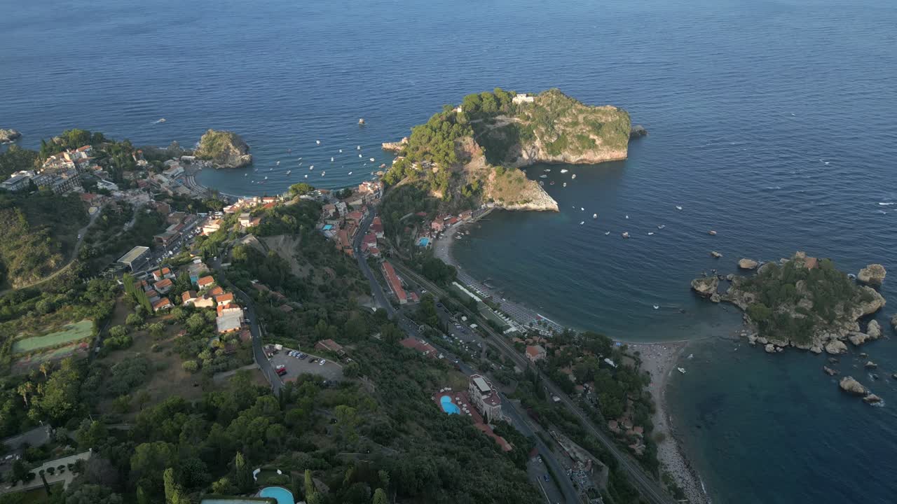 4K Aerial of Isola Bella at Sunset, in Taormina, Sicily in July 2025