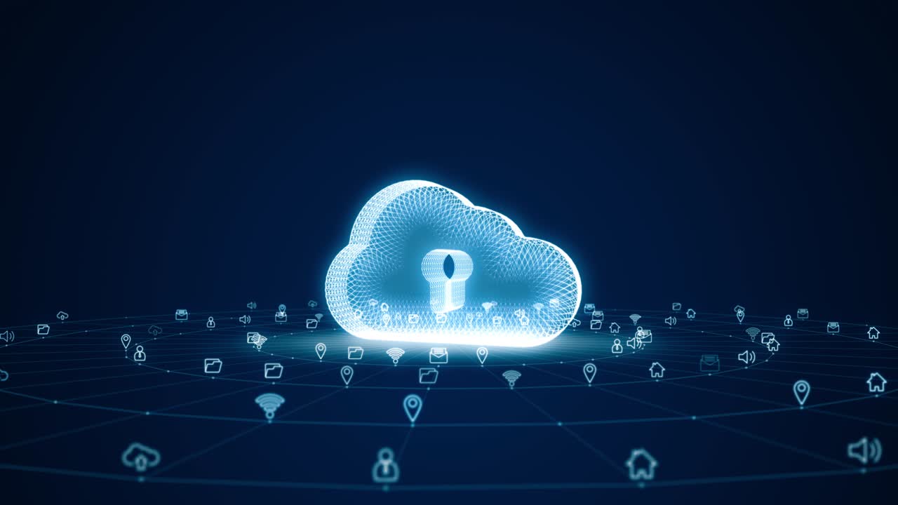 Motion graphic of Blue digital 3D cloud logo with futuristic technology icon and line connection with circle rotation on abstract background concept seamless loop video