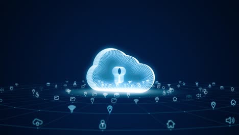 motion graphic of blue digital 3d cloud logo with futuristic technology icon and line connection with circle rotation on abstract background concept seamless loop video