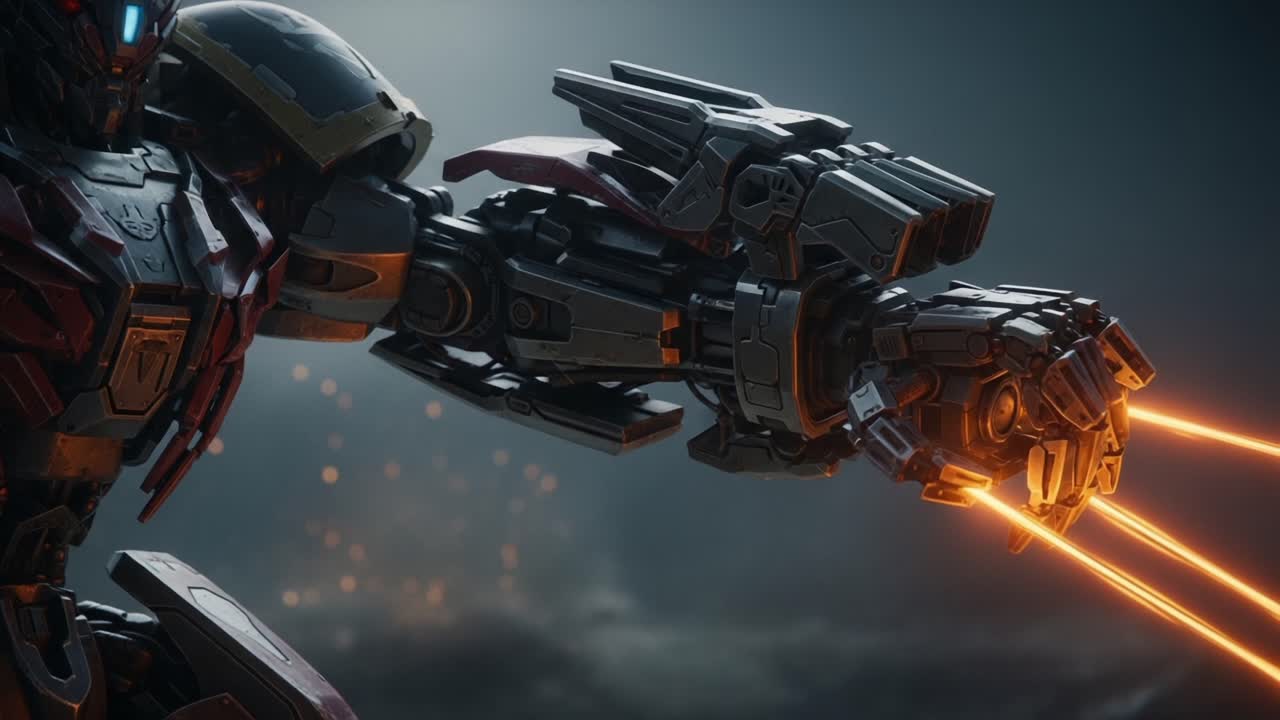A Powerful Mechanical Warrior Unleashes Energy Blasts from Its Advanced Weaponry, Showcasing Cutting-Edge Design and Futuristic Technology in Action