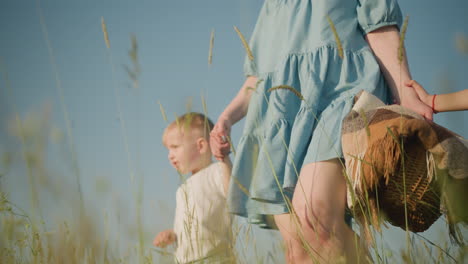 a woman in a blue dress, with her face not visible, is holding a basket and walking hand in hand with her two young sons through a grassy field