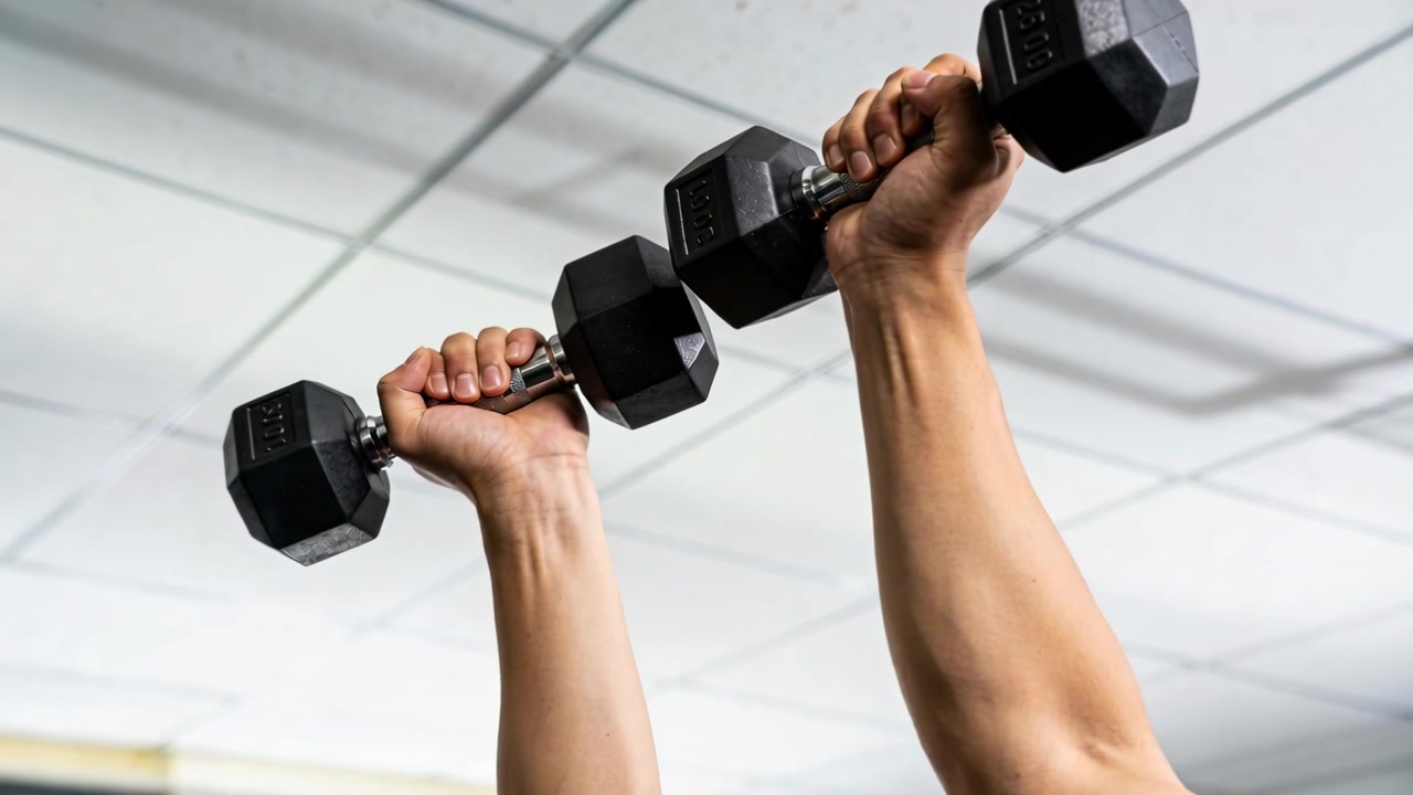 Comenzando una serie: antebrazos descubiertos levantando mancuernas hexagonales por encima de la cabeza bajo una rejilla de techo en el gimnasio para fuerza