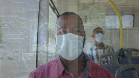 animazione di elaborazione dei dati su uomo afroamericano in autobus con maschera