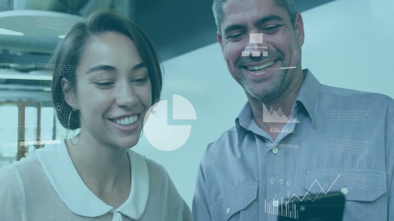 Animation of financial data processing over diverse business people in ...