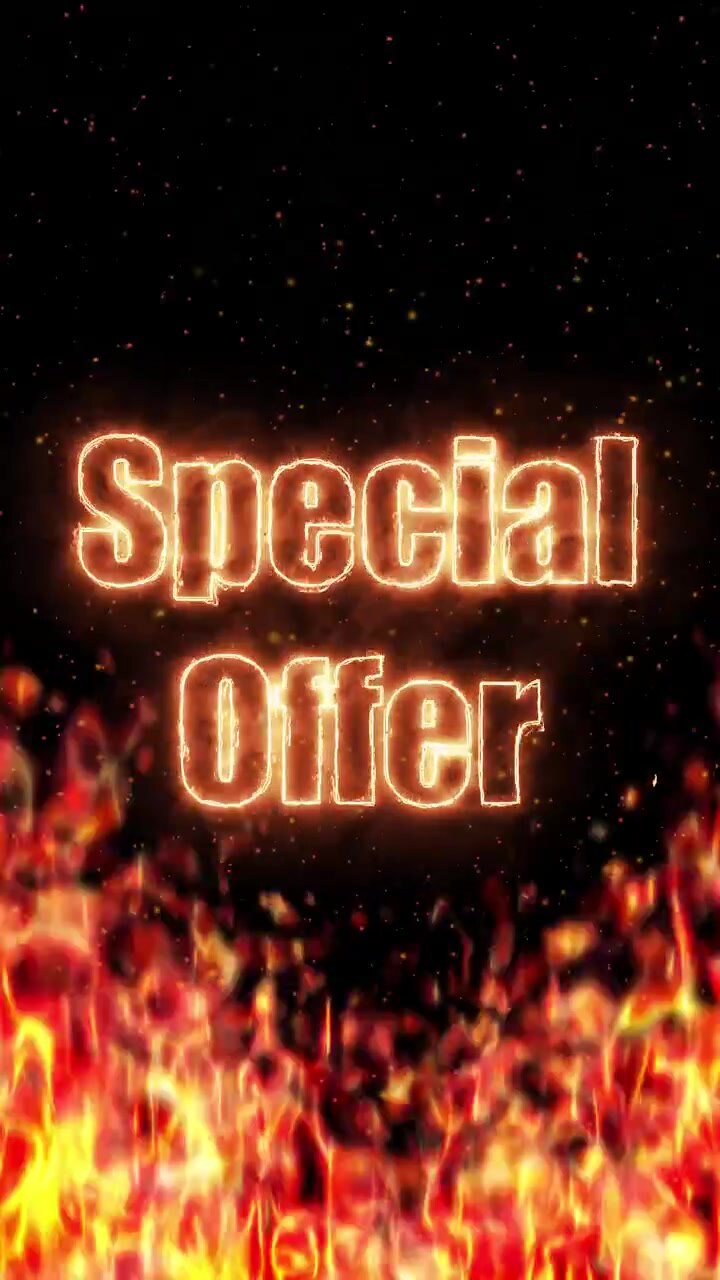 Animazione testuale di offerta speciale con sfondo di fuoco ardente.