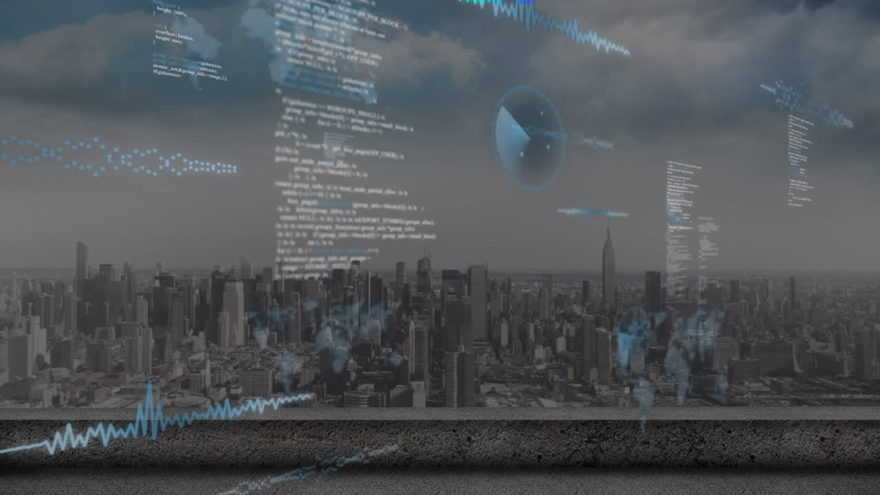 animação do processamento de dados em relação à vista aérea da paisagem urbana