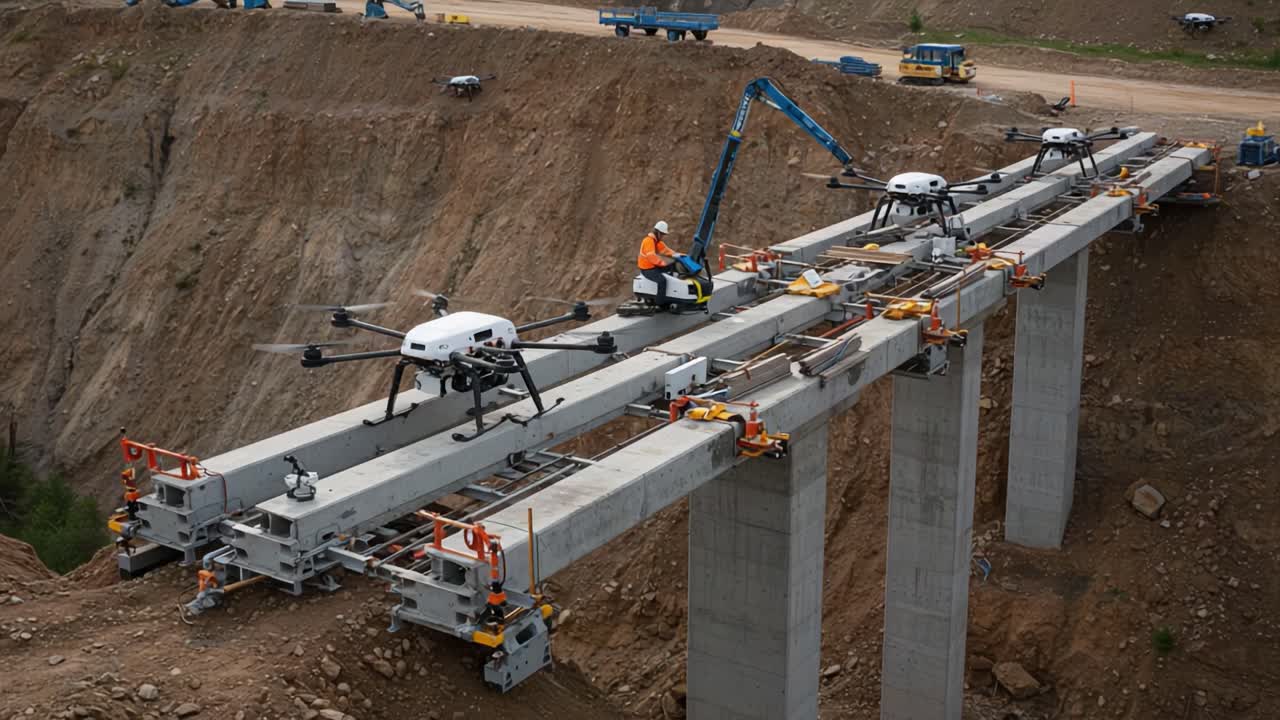 Advanced Drone Operation on Construction Site: Engineers Utilize Cutting-Edge Technology for Bridge Assembly Over Challenging Terrain
