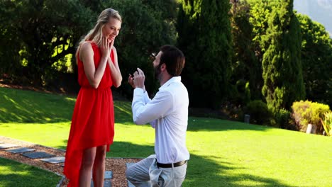 hombre proponiendo a una mujer con un anillo en la rodilla 4k