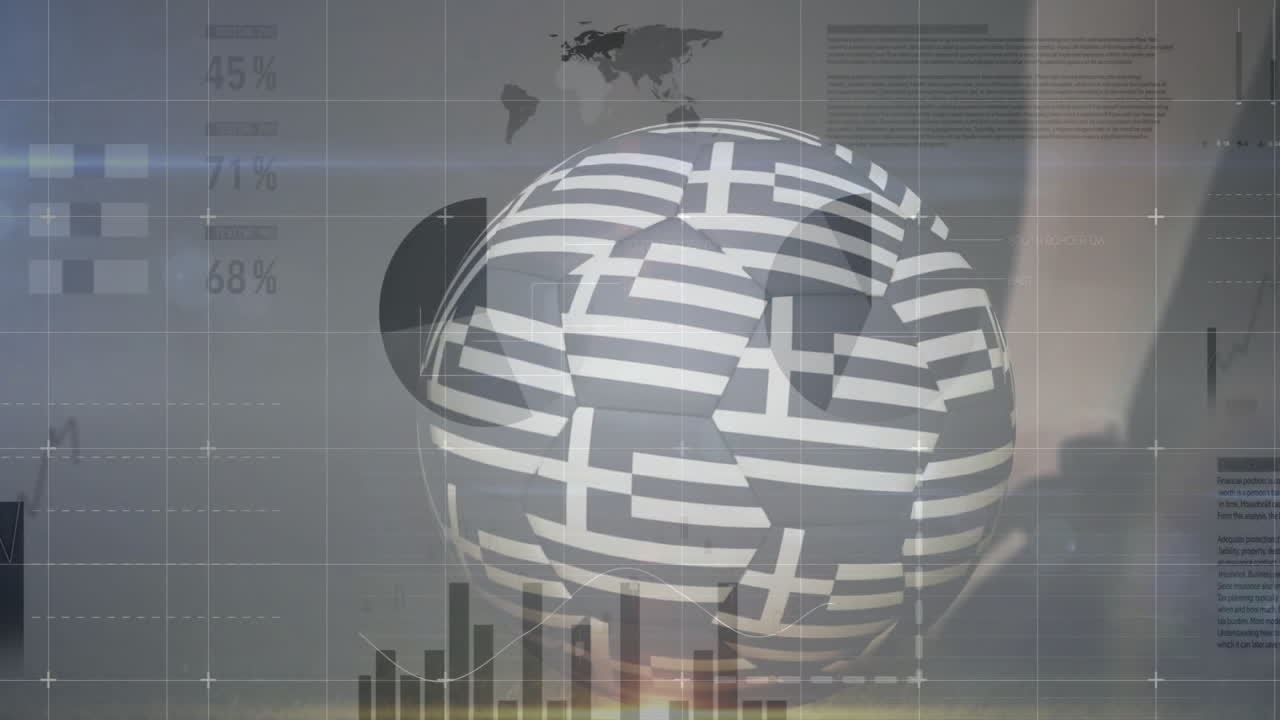 Greek flag soccer ball on financial data and world map in animation