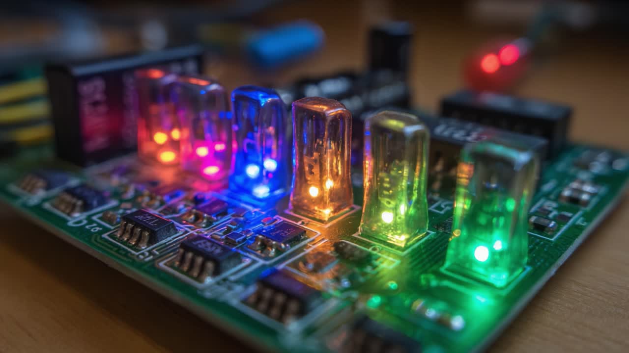 Illuminated Circuit Board: A Close-Up View of Colorful LEDs and Electronic Components on a Green PCB, Showcasing Technology in Action